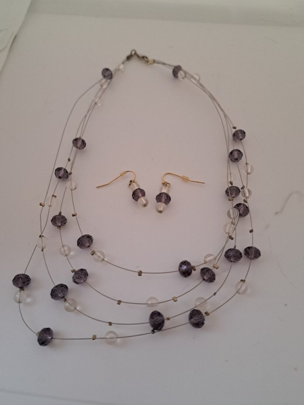 Women's 3 Strand Necklace Earring Set Purple